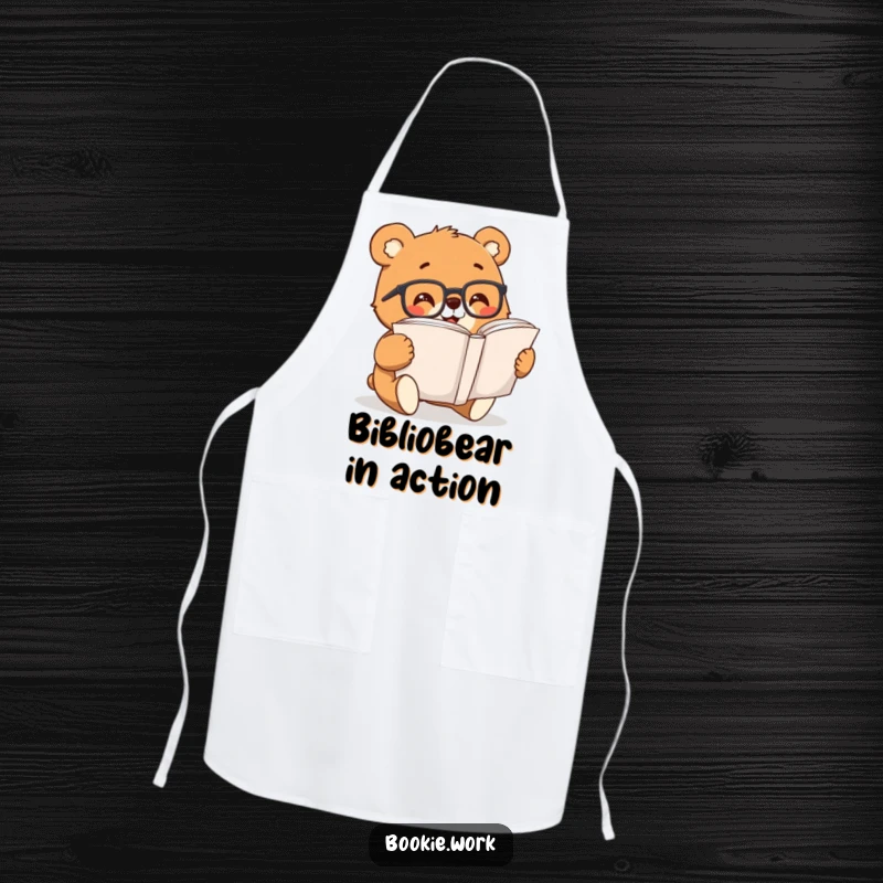 Funny bear character with reading glasses, engrossed in a book while wearing a chef's apron.
