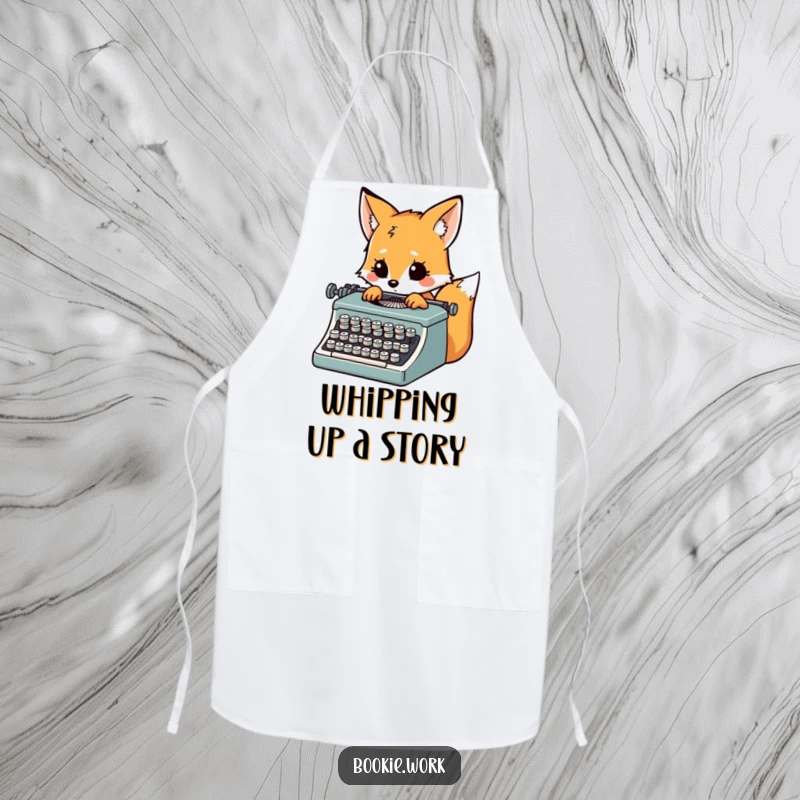 Funny fox character typing furiously on a vintage typewriter while wearing a chef's apron.
