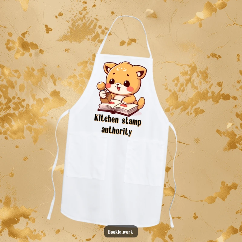 Funny apron featuring an animal character enthusiastically stamping a book with a rubber stamp, perfect for kitchen humor and cooking.