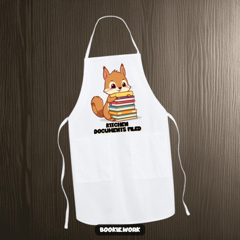Funny squirrel character meticulously organizing a towering stack of colorful manuscripts while wearing a chef's apron.