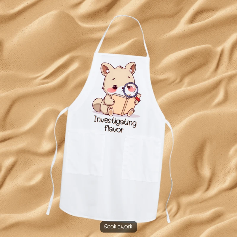 Funny apron showing a thoughtful animal using a magnifying glass on a huge book, perfect for the intellectual chef and unique gifts.