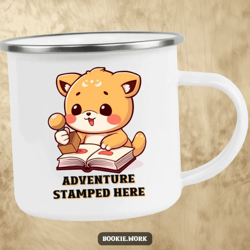 Funny camping mug with an animal character enthusiastically stamping a book with a rubber stamp, perfect for outdoor humor and travel.