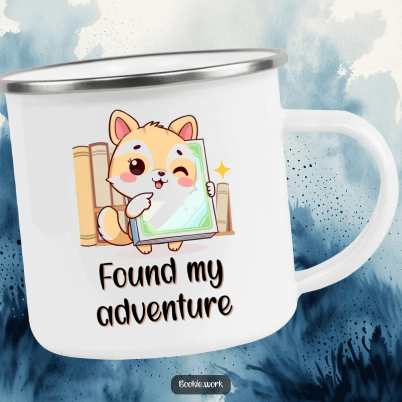 Funny camping mug with an excited animal character pointing at a gleaming book cover, ideal for outdoor reading and adventures.