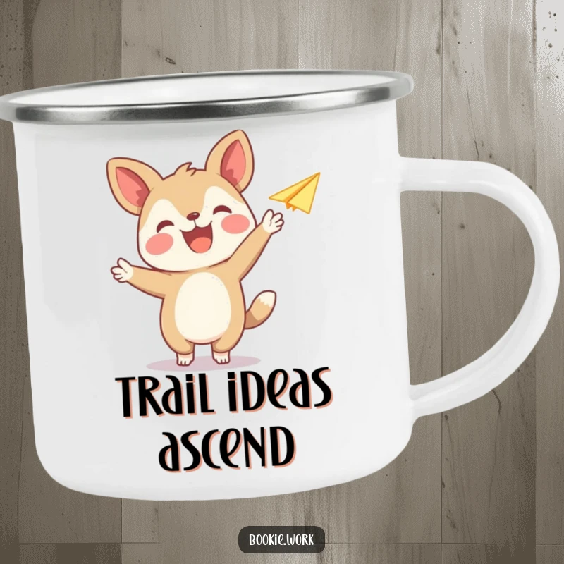 Funny camping mug with a joyful animal publisher character releasing a paper airplane, ideal for outdoor adventures and cheerful moments.