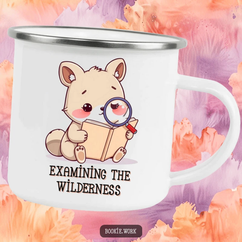 Funny camping mug with a thoughtful animal using a magnifying glass on a huge book, perfect for intellectual outdoor enthusiasts.