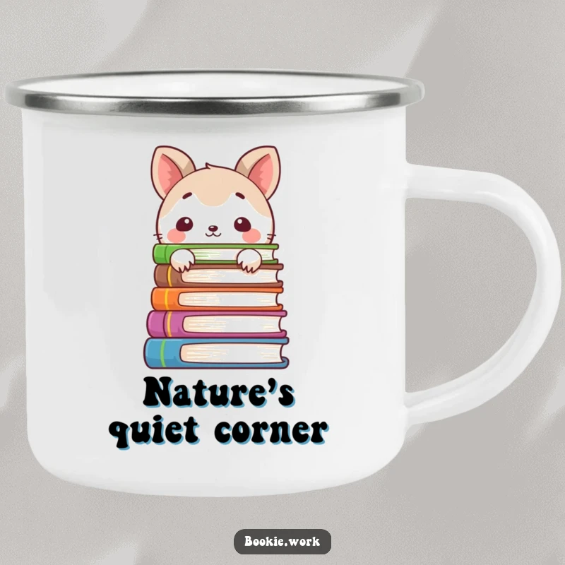 Funny camping mug with a shy animal character peeking from behind books, perfect for quiet outdoor reading and humorous gifts.