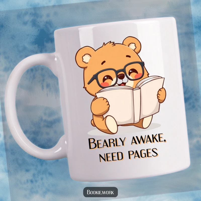 Funny bear reading glasses excitedly flipping large book, a perfect funny gift mug for literature lovers.