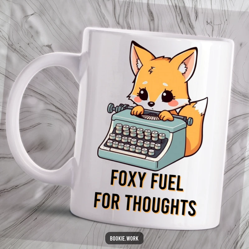 Funny fox character typing furiously on an old typewriter, looking inspired, on a humorous mug.
