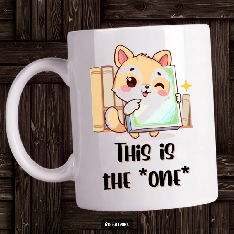 Funny mug featuring an excited animal character pointing at a gleaming book cover, highlighting the joy of reading.