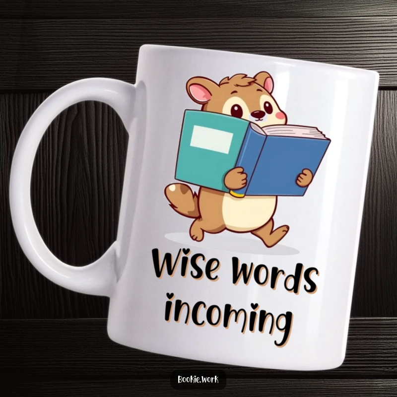 Funny mug showing a determined animal character waddling with a giant dictionary, symbolizing intellectual pursuit and perseverance.