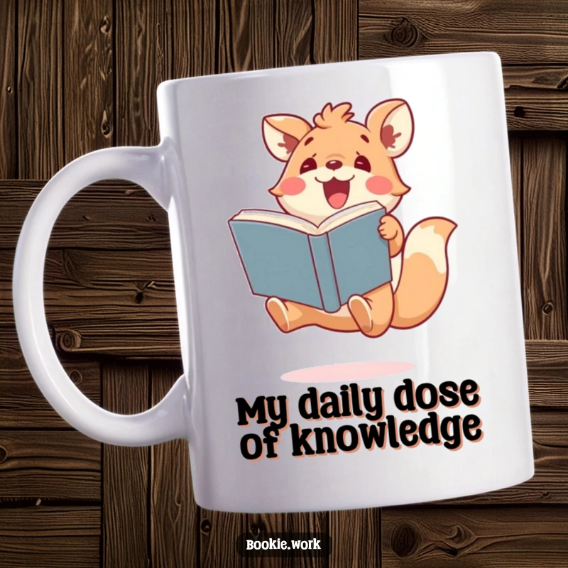 Funny mug featuring a cute animal character energetically jumping with a huge book, expressing pure joy for reading, a great gift.