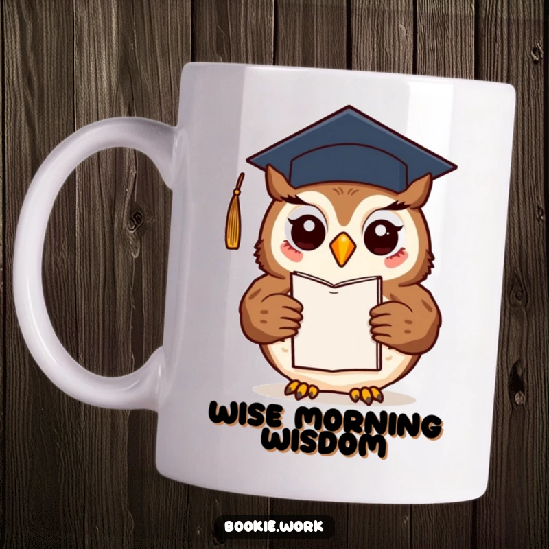 Funny friendly owl wearing a graduation cap, proudly presenting a finished novel, on a humorous mug.