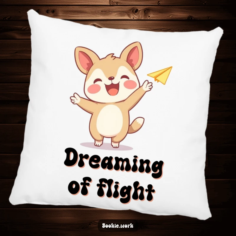 Funny pillow featuring a joyful animal publisher character releasing a paper airplane, bringing comfort and imaginative delight.