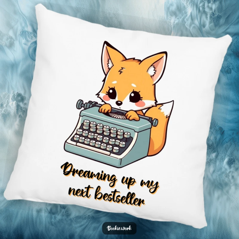 Funny fox character furiously typing on a vintage typewriter, looking inspired, on a comfortable accent pillow.
