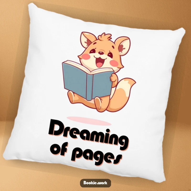 Funny pillow with a cute animal character jumping excitedly, holding a big book, offering comfort and a humorous touch for readers.
