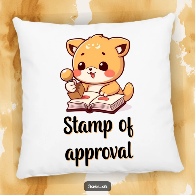 Funny pillow with a cute animal figure enthusiastically stamping a book with a rubber stamp, offering comfort and a literary chuckle.