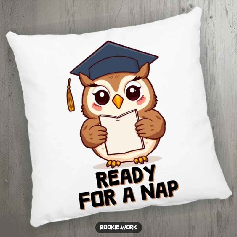 Funny friendly owl wearing a graduation cap, presenting a finished novel, on a comfortable accent pillow.