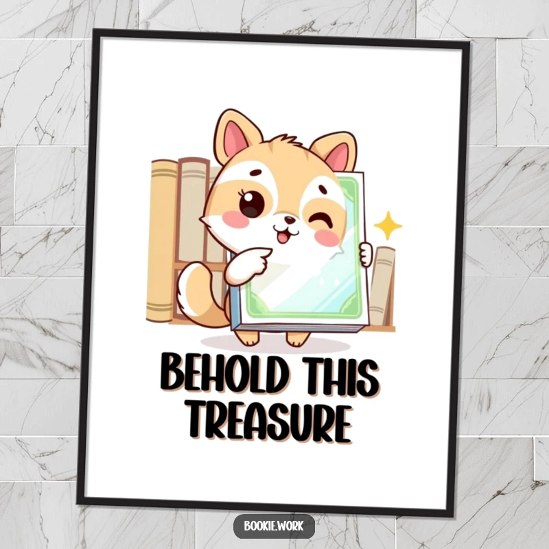 Funny digital art print of an excited animal character pointing at a gleaming book cover, perfect for literary-themed decor.