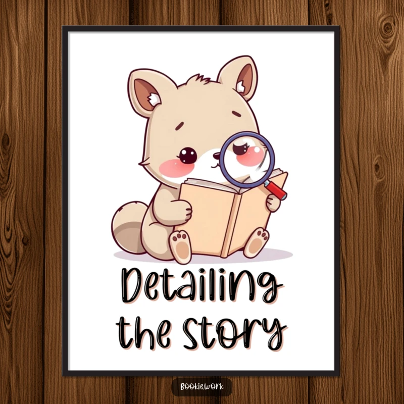 Funny digital art print of a thoughtful animal using a magnifying glass on a massive tome, symbolizing deep study and wisdom.