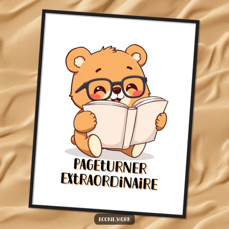 Funny bear character with reading glasses, excitedly flipping through a large book, as a digital art download.