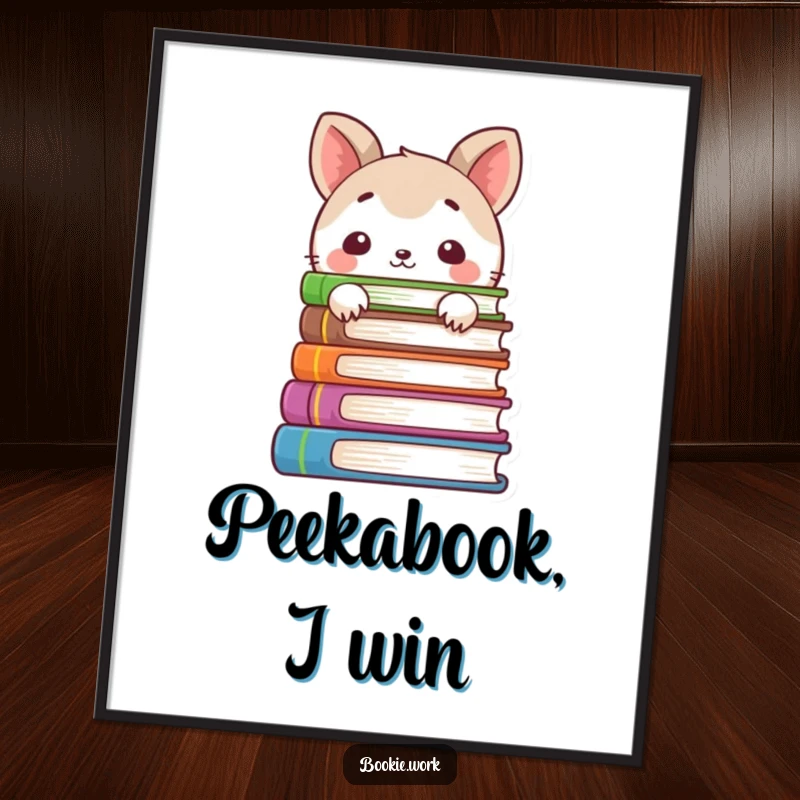 Funny digital art print of a shy animal character peeking from behind colorful books, adding quiet charm and humor to decor.