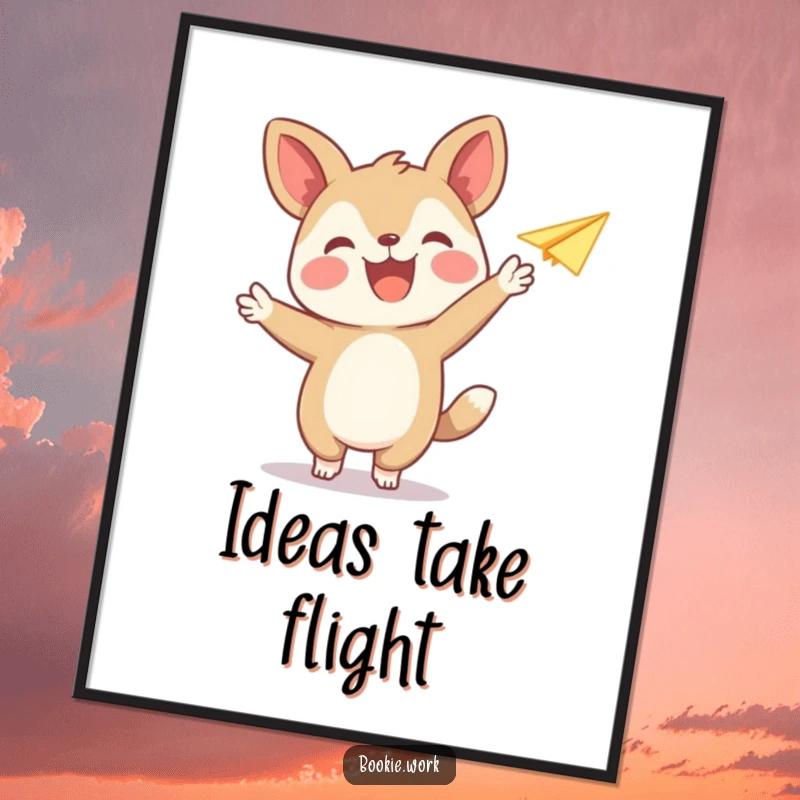 Funny digital art print of a joyful animal publisher character releasing a paper airplane, perfect for whimsical and uplifting decor.