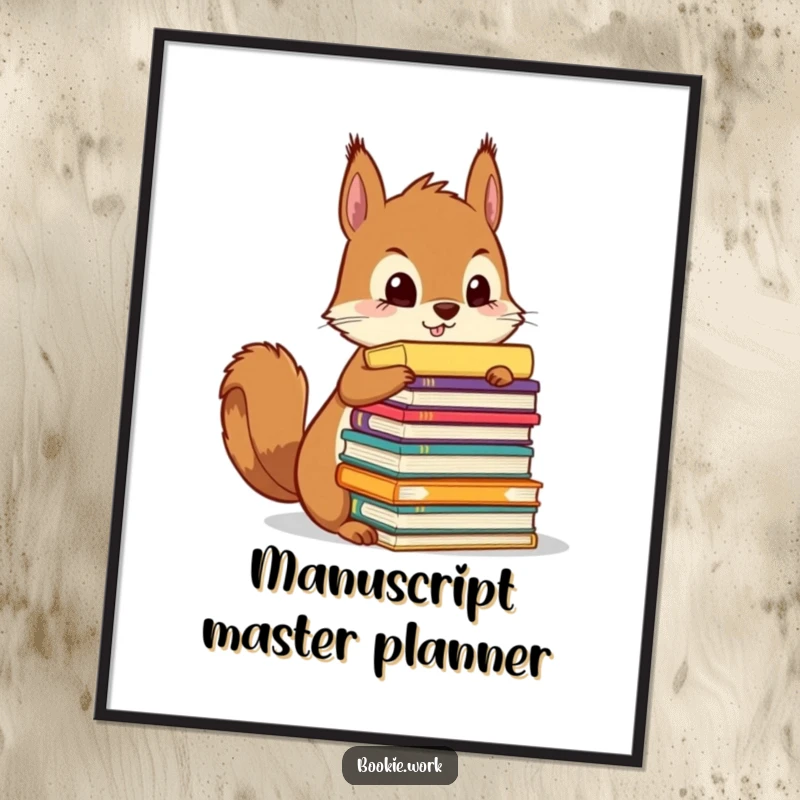 Funny squirrel meticulously organizing a towering stack of colorful manuscripts, as a digital art download.