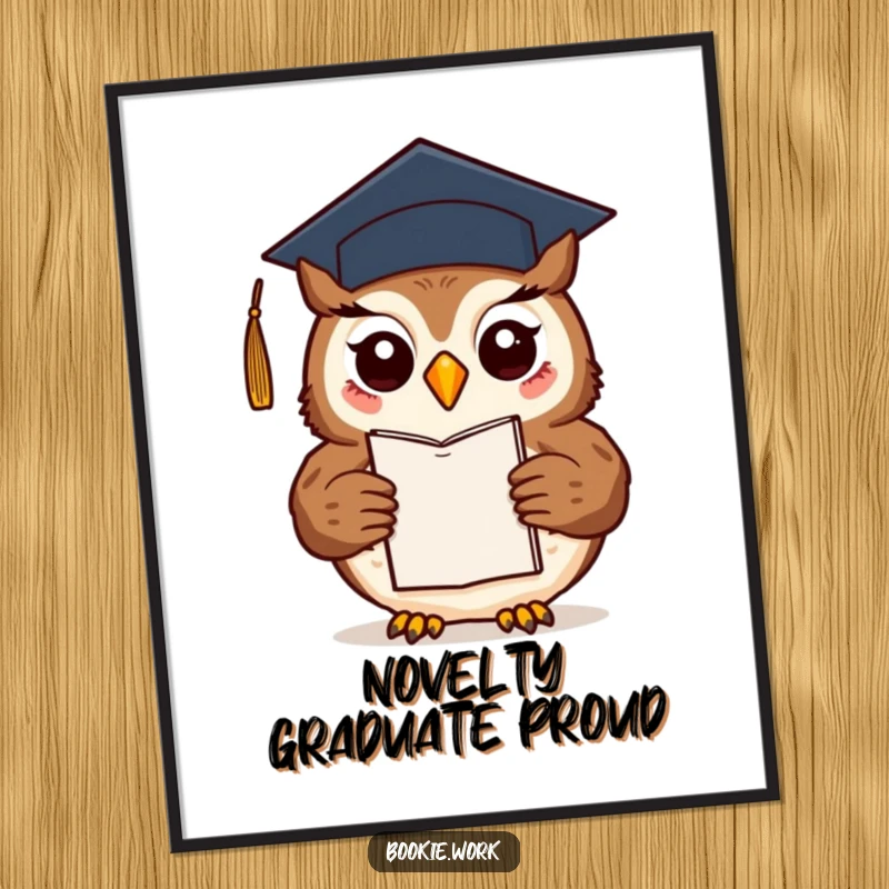Funny friendly owl wearing a graduation cap, presenting a finished novel, as a digital art download.