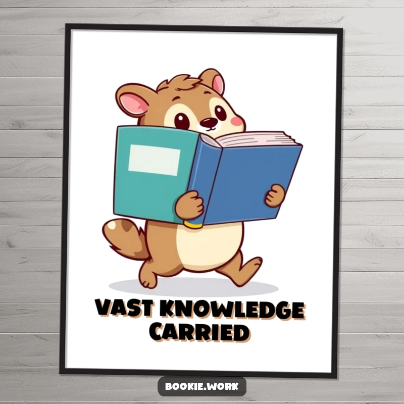 Funny digital art print of a determined animal character waddling with a giant dictionary, perfect for humorous and intellectual decor.
