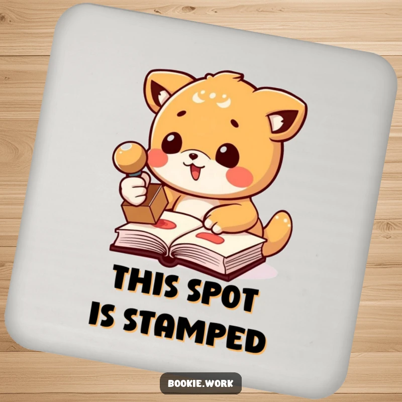 Funny drink coaster featuring an animal character enthusiastically stamping a book with a rubber stamp, adding humor to beverage service.