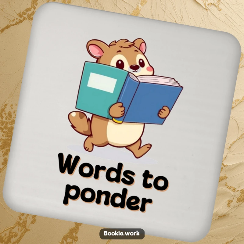 Funny drink coaster featuring a determined animal character waddling with a giant dictionary, adding a touch of intellectual humor.