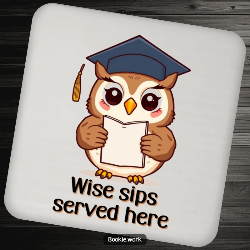Funny friendly owl wearing a graduation cap, presenting a finished novel, printed on a protective drink coaster.