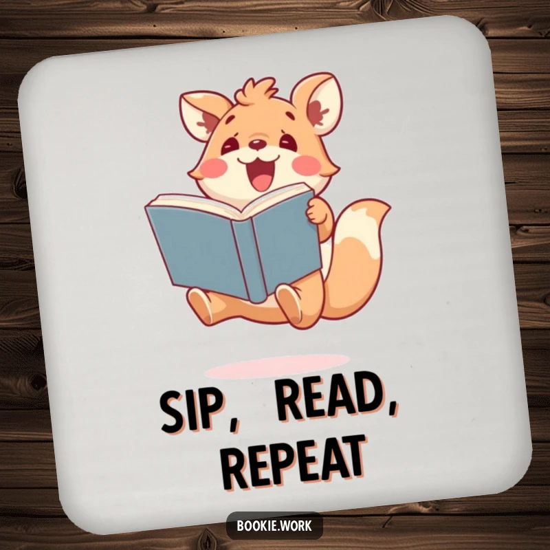 Funny drink coaster with a cute animal character jumping excitedly, holding a book, adding humorous protection for surfaces.