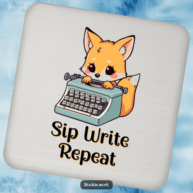 Funny fox character typing furiously on a vintage typewriter, looking inspired, printed on a protective drink coaster.