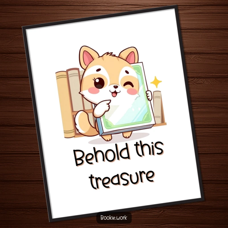 Funny poster art of an excited animal character pointing at a gleaming book cover, celebrating the visual appeal of books.