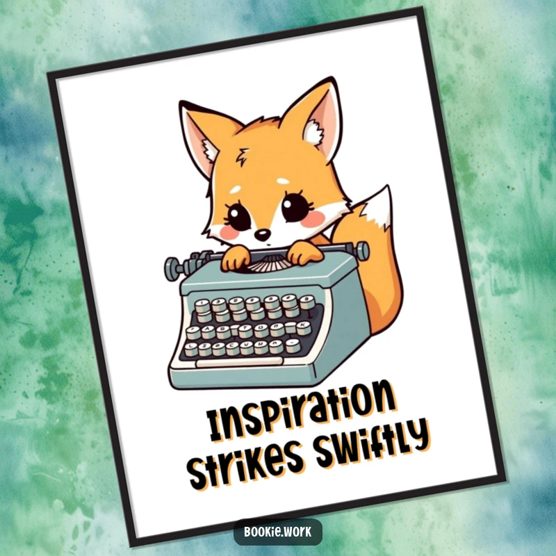 Funny inspired fox typing furiously on a vintage typewriter, presented as a compelling poster print.
