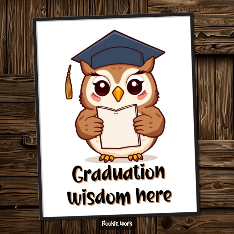 Funny friendly owl wearing a graduation cap, proudly presenting a finished novel, as a celebratory poster print.