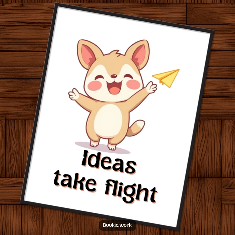 Funny poster art depicting a joyful animal publisher character releasing a paper airplane, symbolizing fun and creativity.