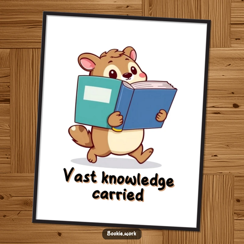 Funny poster art of a determined animal character waddling with a giant dictionary, embodying the spirit of learning.