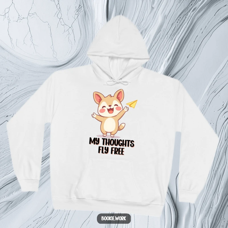 Funny hoodie with a joyful animal publisher character releasing a paper airplane, offering comfort and a sense of playful adventure.