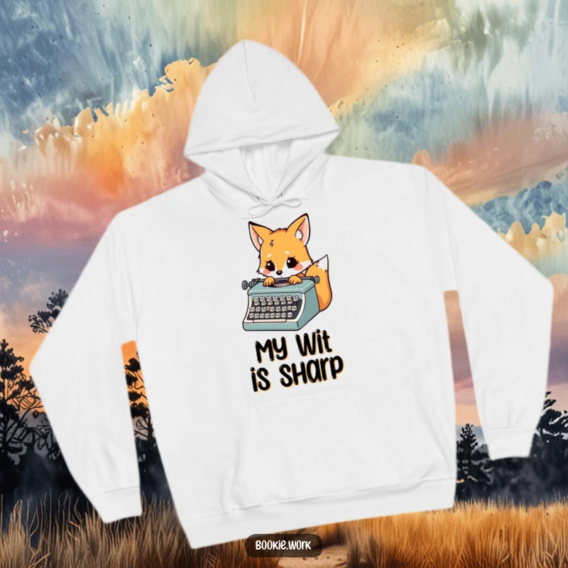 Funny inspired fox furiously typing on a vintage typewriter, depicted on a comfortable and warm hoodie.