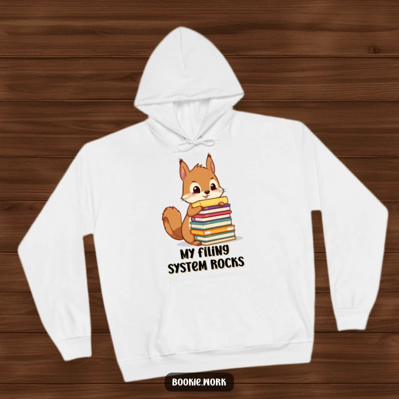 Funny squirrel meticulously organizing a towering stack of colorful manuscripts, on a comfortable and warm hoodie.