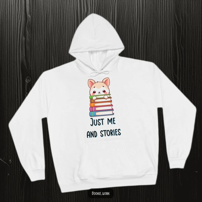 Funny hoodie featuring a shy animal character peeking from behind a stack of books, offering cozy comfort for introverted readers.