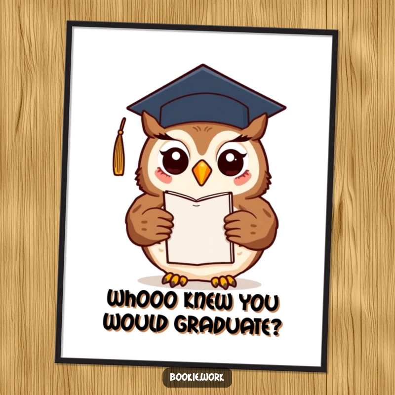 Funny Free Printable Wall Art: Owl wearing a graduation cap, proudly holding up a completed novel, ideal for study spaces.