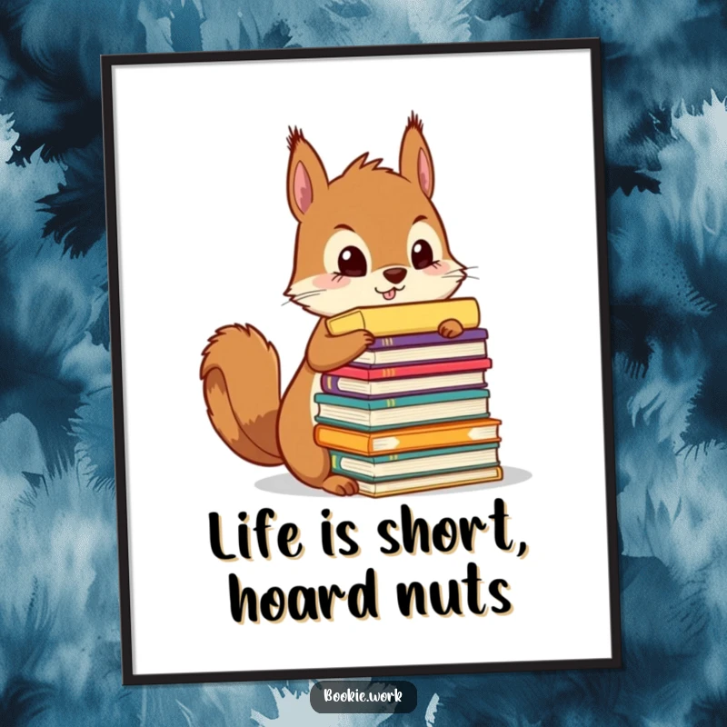 Funny Free Printable Wall Art: Squirrel meticulously organizing a towering stack of colorful manuscripts, ideal for tidy spaces.