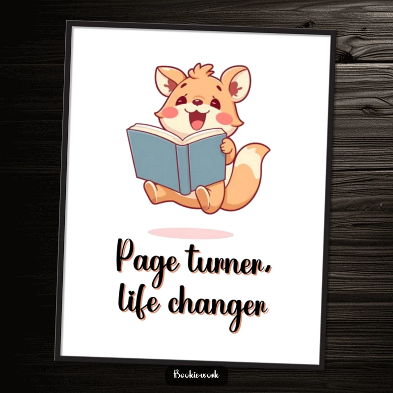 Funny Free Printable Wall Art: A cute, hyper animal doing a celebratory jump, clutching a large book.