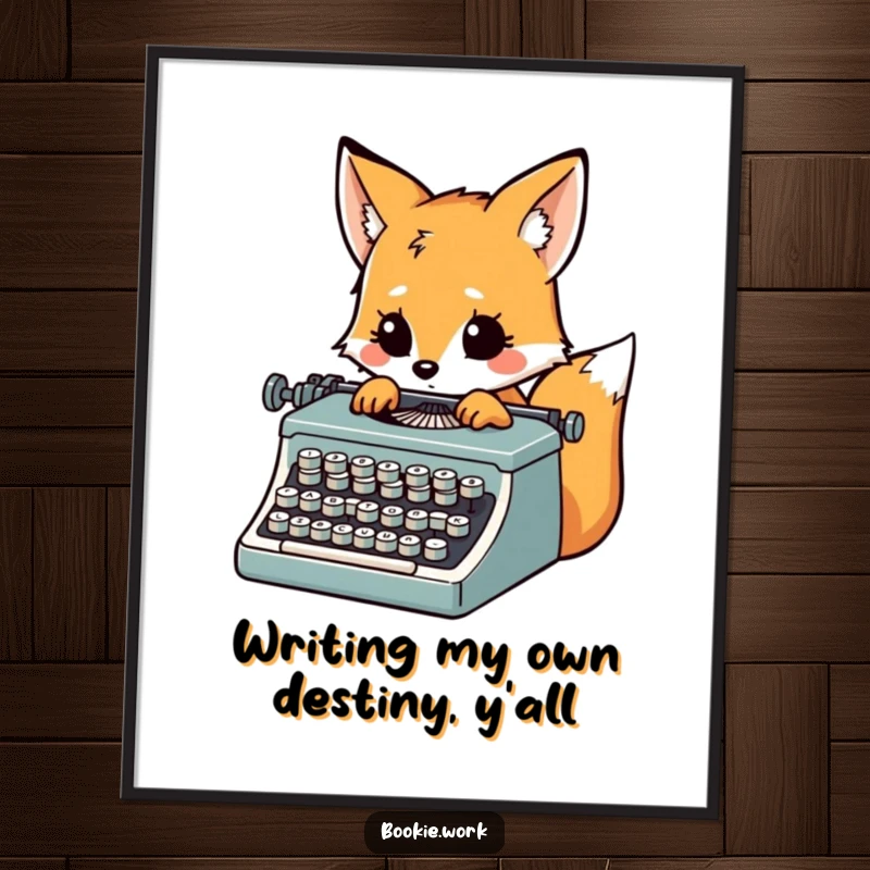 Funny Free Printable Wall Art: Fox typing furiously on a vintage typewriter, looking inspired, ideal for creative spaces.