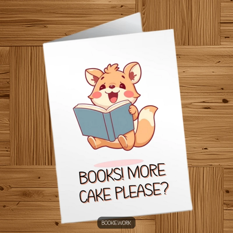 Funny Free Printable Birthday Card: A cute, ecstatic animal leaping with a giant book, shouting Happy Birthday!