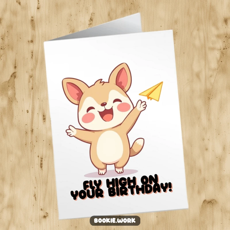 Funny Free Printable Birthday Card with a joyous animal publisher launching a paper airplane, symbolizing sending wishes.