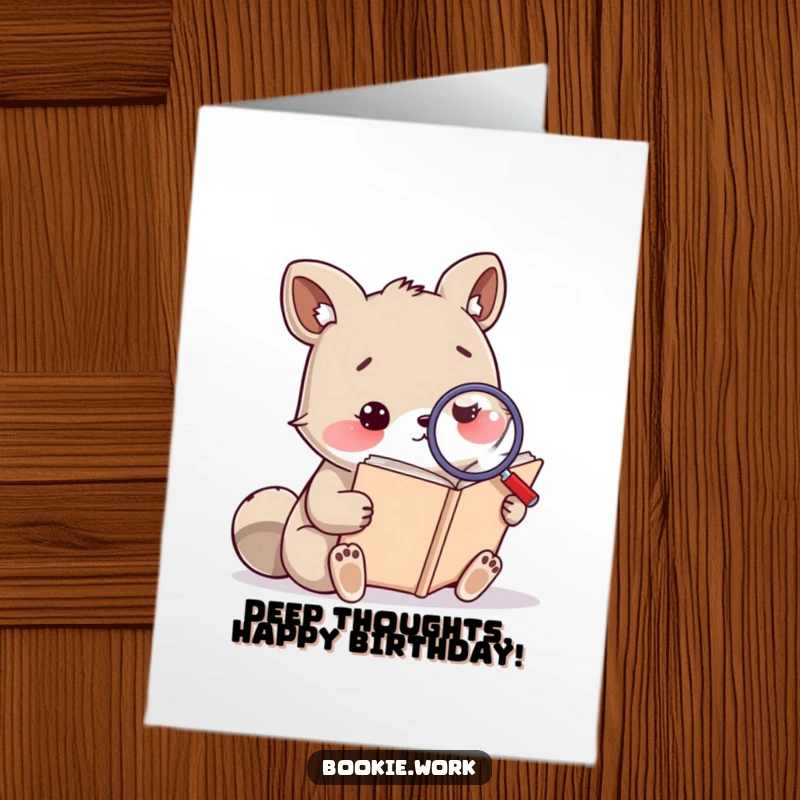Funny Free Printable Birthday Card: A thoughtful animal using a magnifying glass to read an enormous, ancient tome.